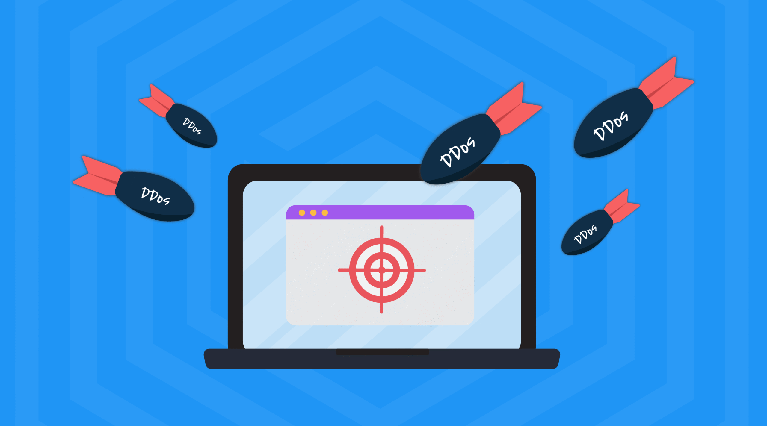 Illustration of a Denial-of-Service (DoS) attack, showing an overload of traffic or malicious requests overwhelming a web server, causing service disruption and preventing legitimate users from accessing the website.